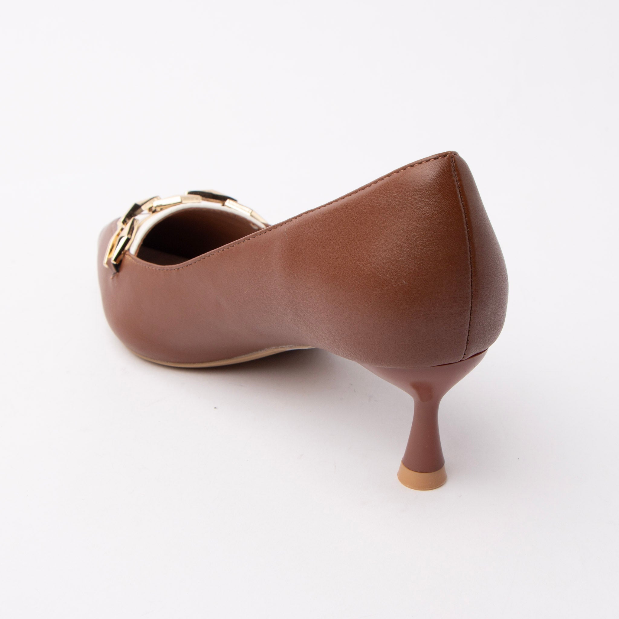 Brown chain link pumps for women with cushioned footbed, side view