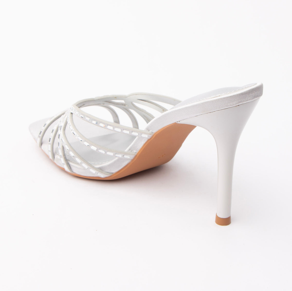 Silver mules for women, back view showing the heel