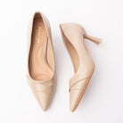 Beige folded strap pumps for women with a cushioned footbed