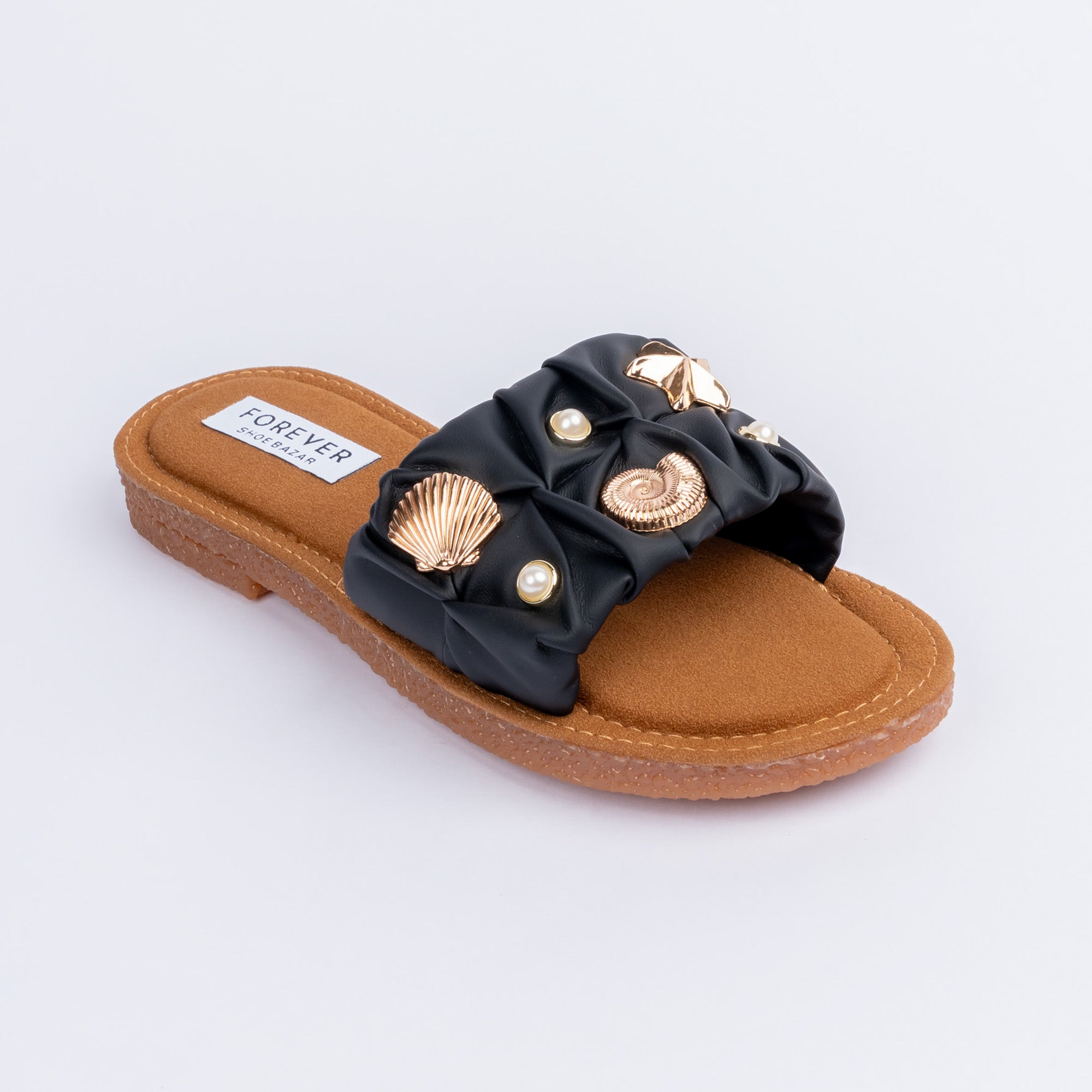 Black ruched ballet flats for women, textured ruched upper