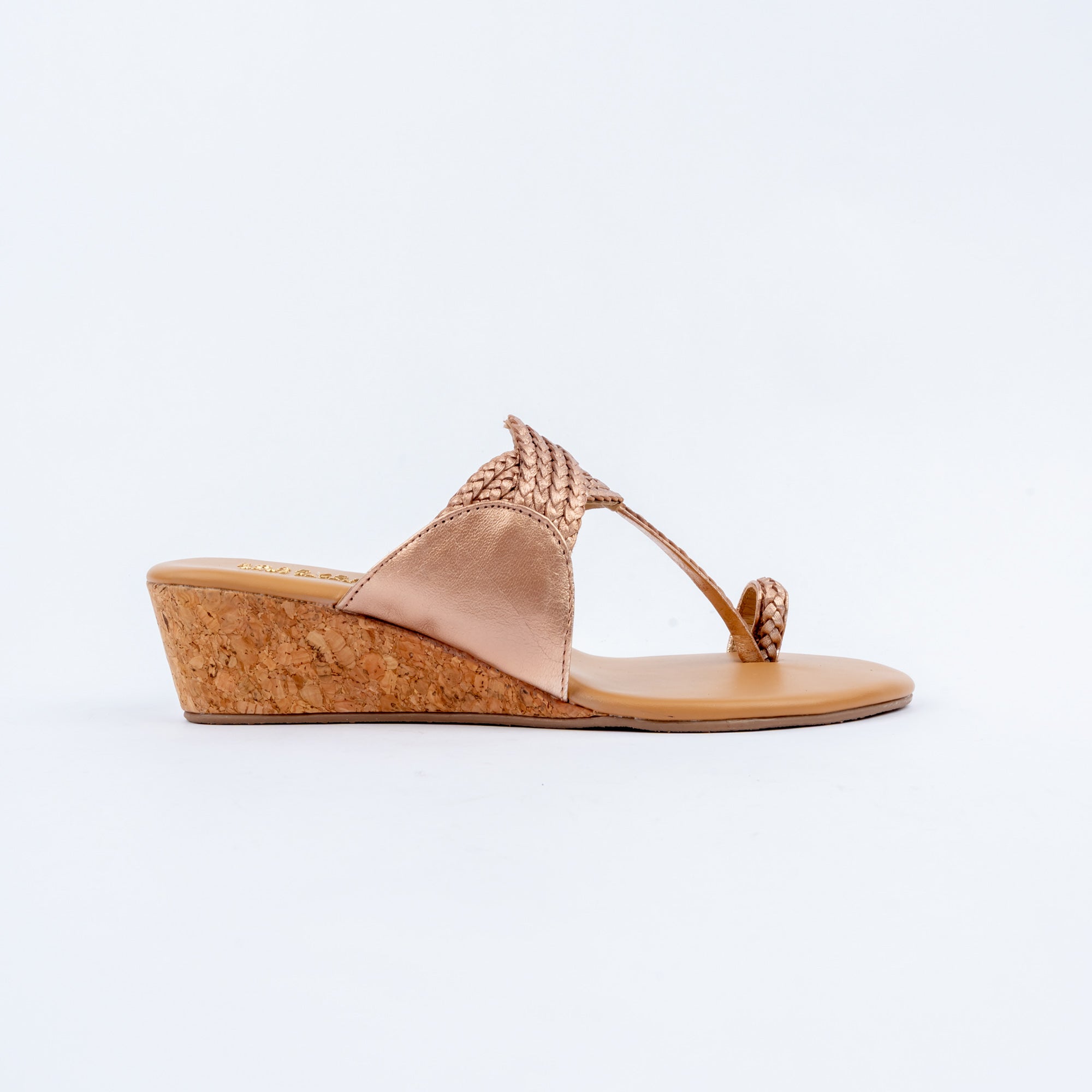 Champagne wedge heel sandals for women, plaited cords crossing over a natural cork-look wedge