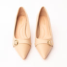 Khaki buckle kitten heels for women with a cushioned footbed
