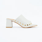 White block heel mules for women with cushioned footbed, side view