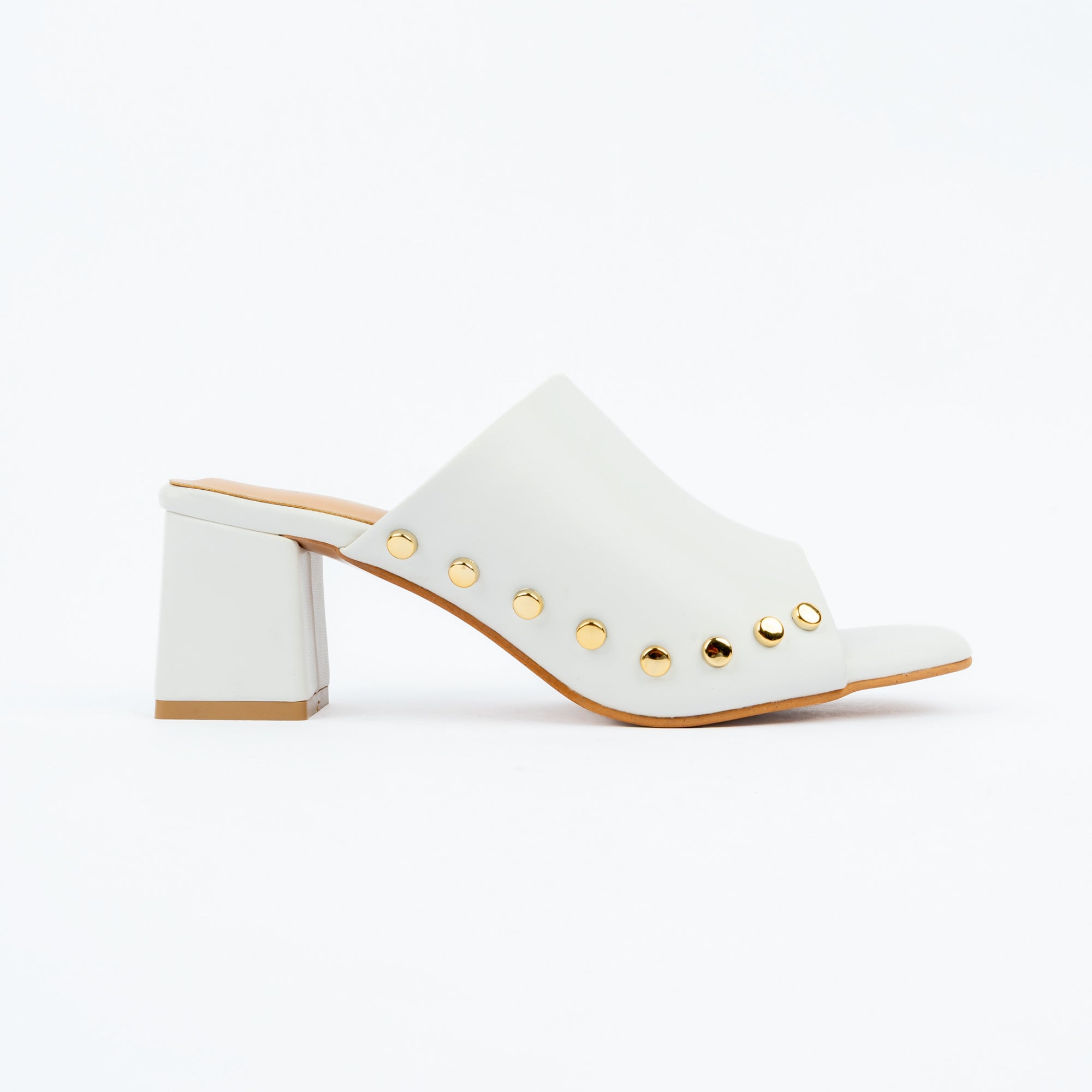 White block heel mules for women with cushioned footbed, side view