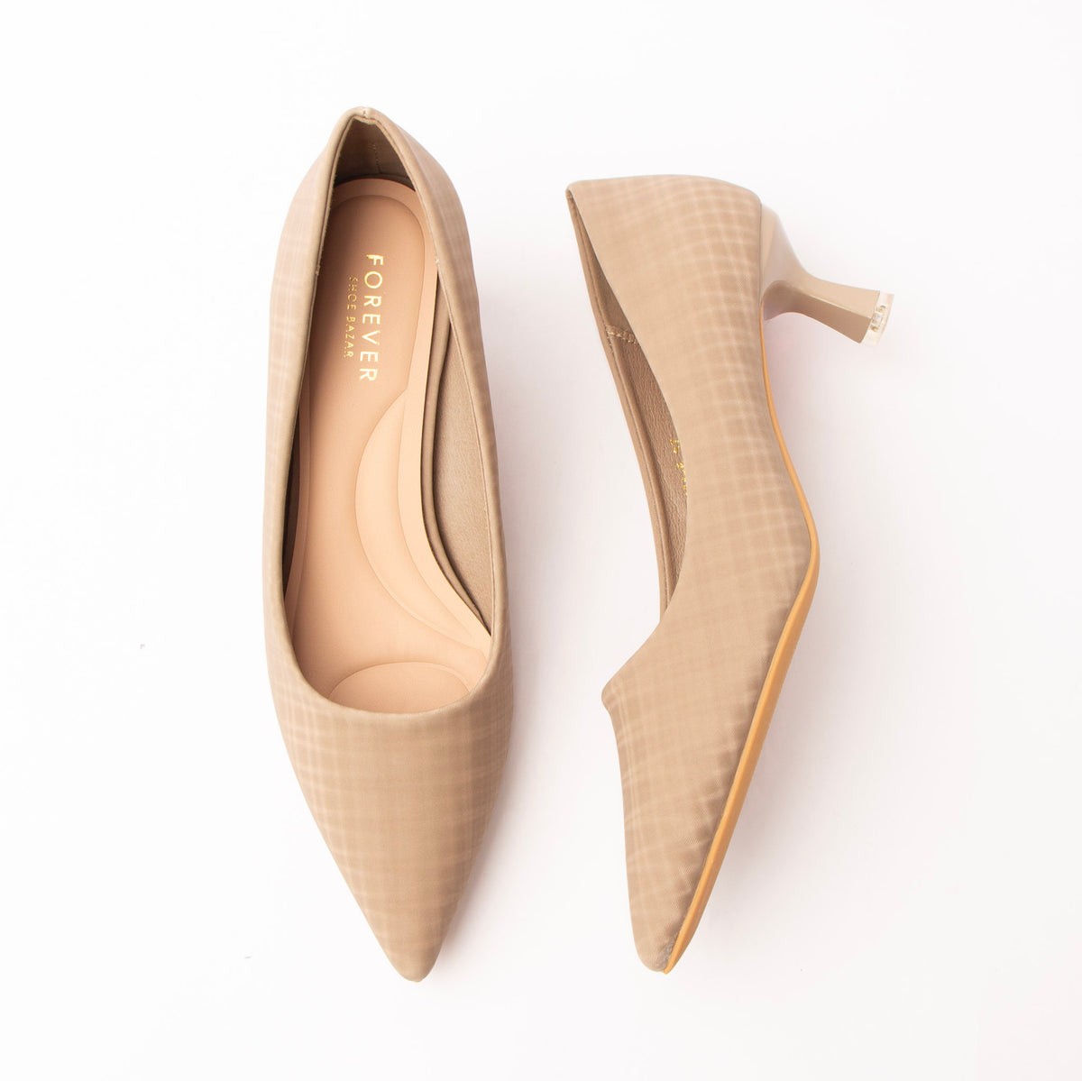 Beige check print kitten heels for women with a cushioned footbed