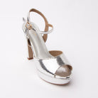 Silver peep toe platform heels styled for casual wear