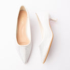 White crystal kitten heel pumps for women with a cushioned footbed