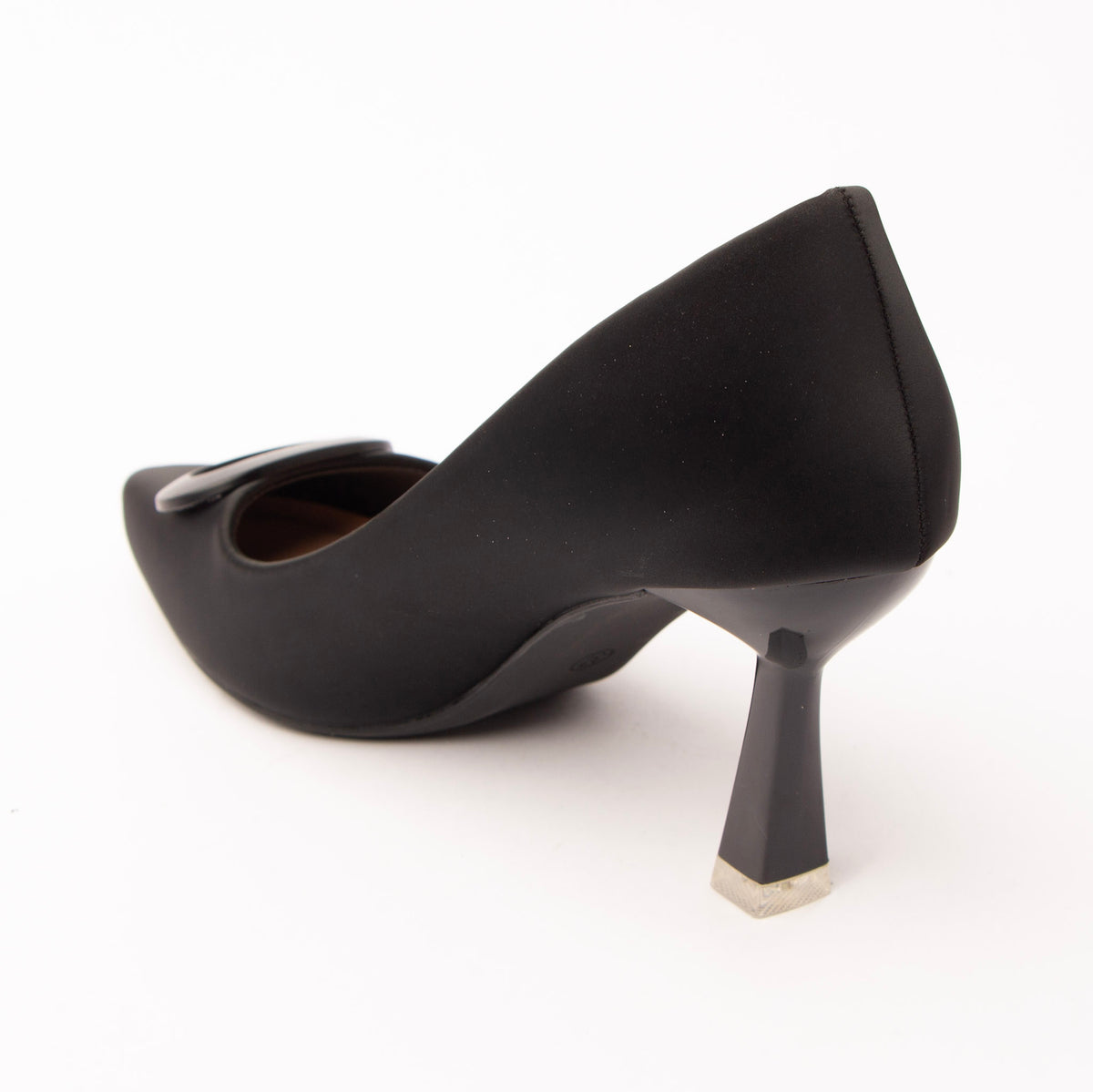 Black buckle court shoes for women, back view showing the heel