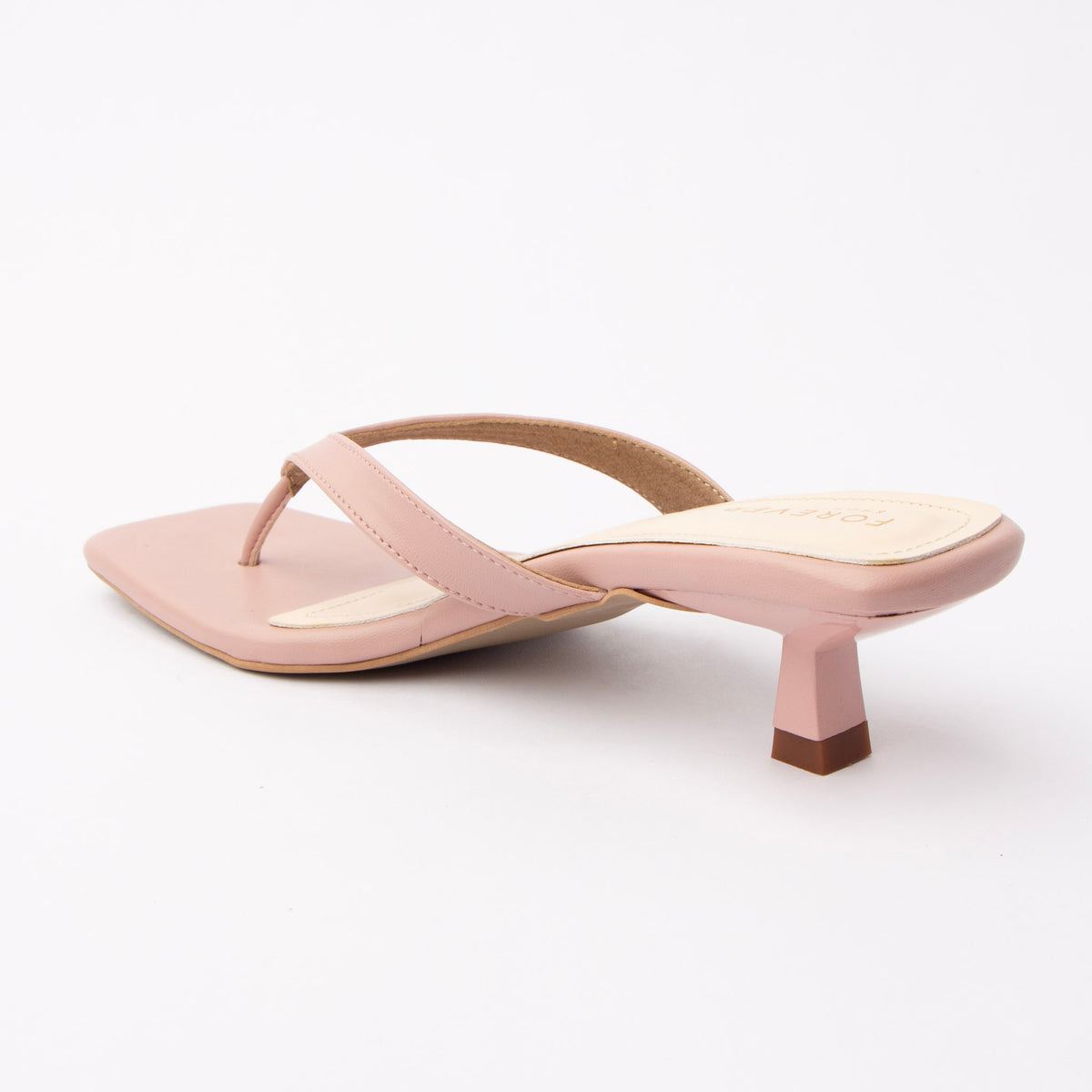 Peach toe-post kitten heel mules for women, back view showing the heel