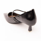 Black mary jane kitten heels for women, back view showing the heel
