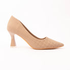 Beige check print court shoes for women, a soft sandy-beige court printed with a fine tonal windowpane check a shade deeper than the ground, with a long tapered point and a deep V throat, on a glossy flared heel capped in polished silver above a nude padded footbed