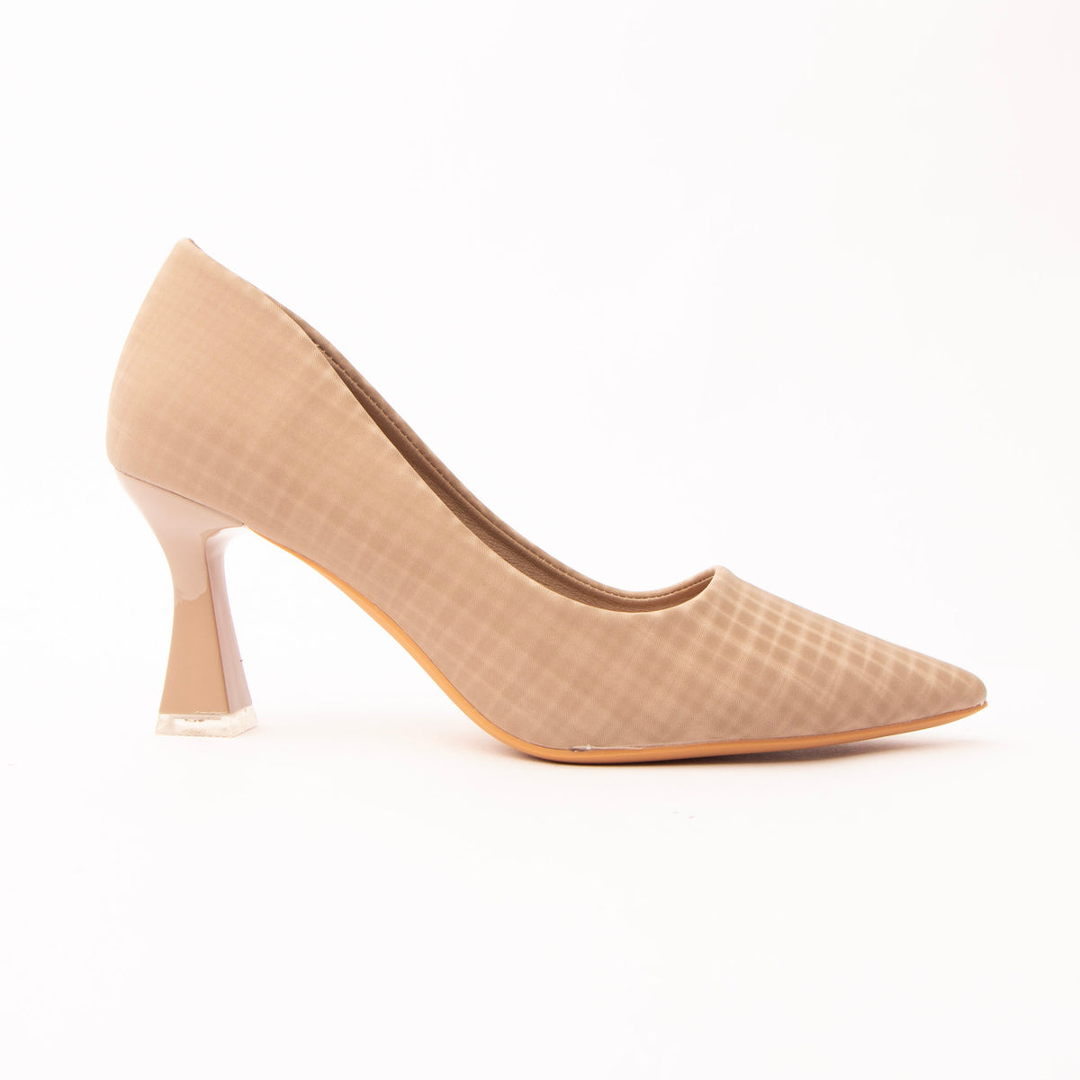 Beige check print court shoes for women, a soft sandy-beige court printed with a fine tonal windowpane check a shade deeper than the ground, with a long tapered point and a deep V throat, on a glossy flared heel capped in polished silver above a nude padded footbed