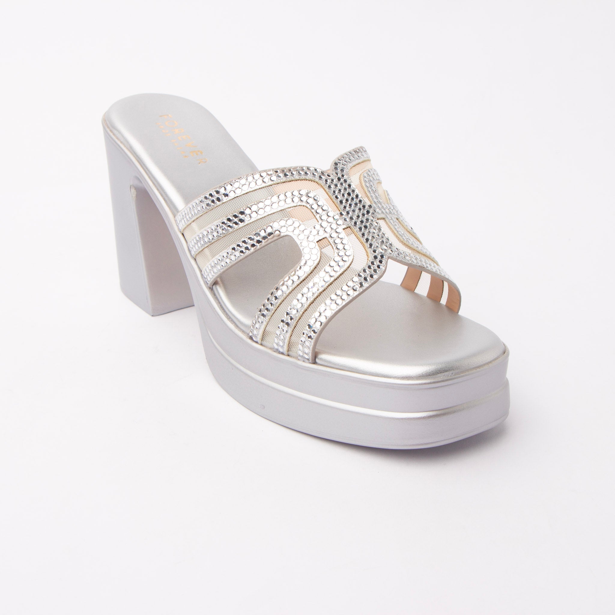 Silver beaded platform mules styled for party wear