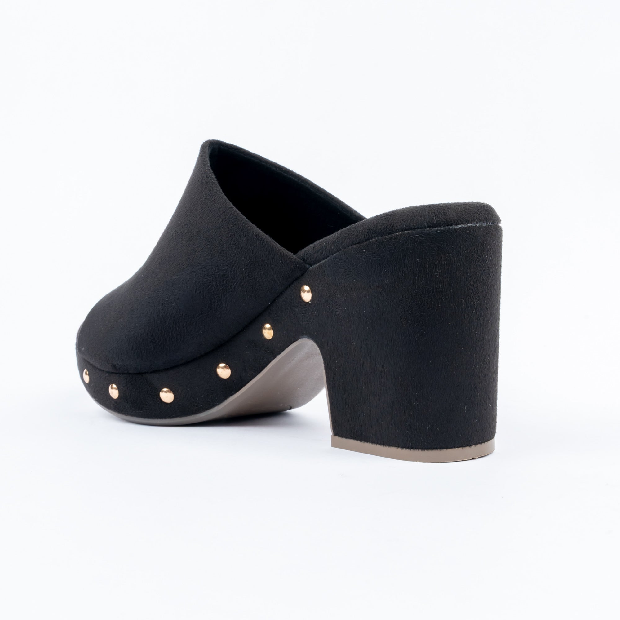 Black platform heel mules for women with cushioned footbed, side view