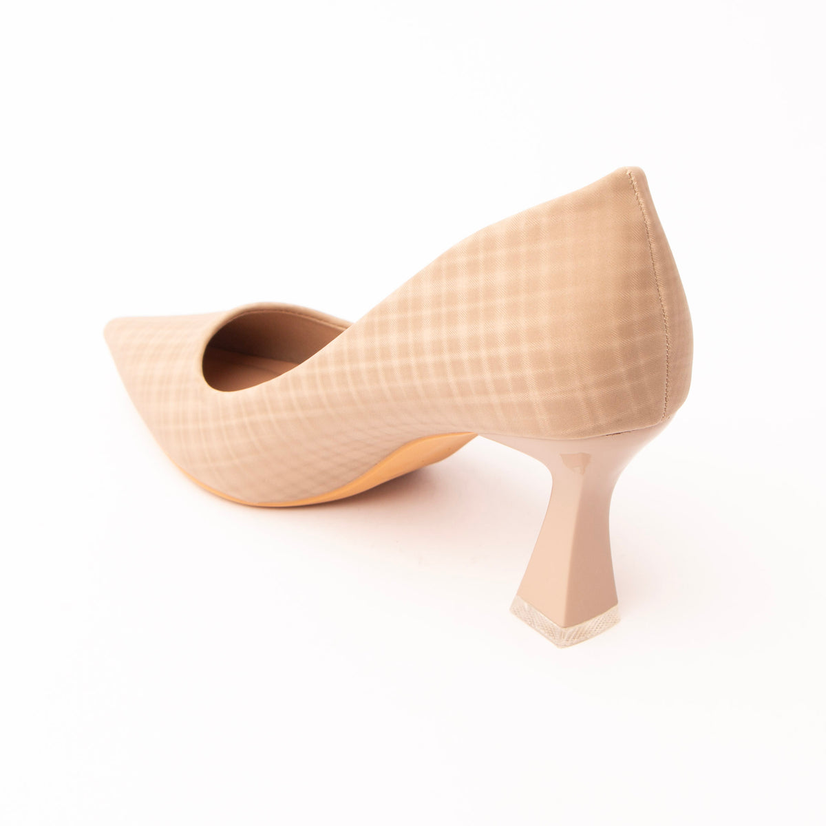 Beige check print court shoes for women, back view showing the heel