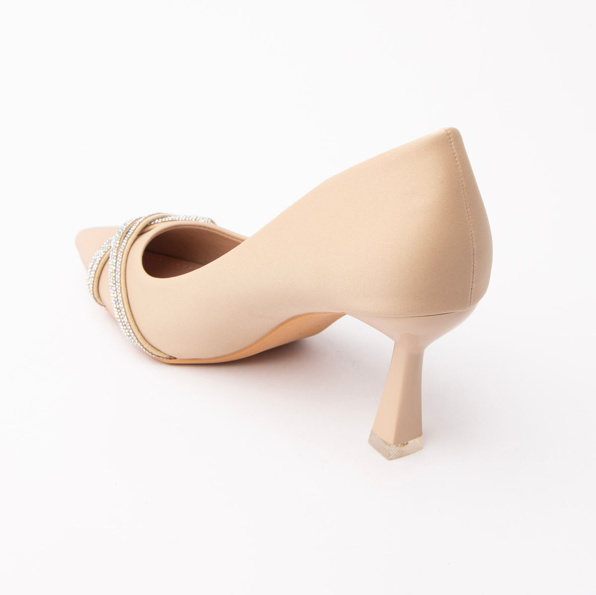 Khaki crystal court shoes for women with cushioned footbed, side view