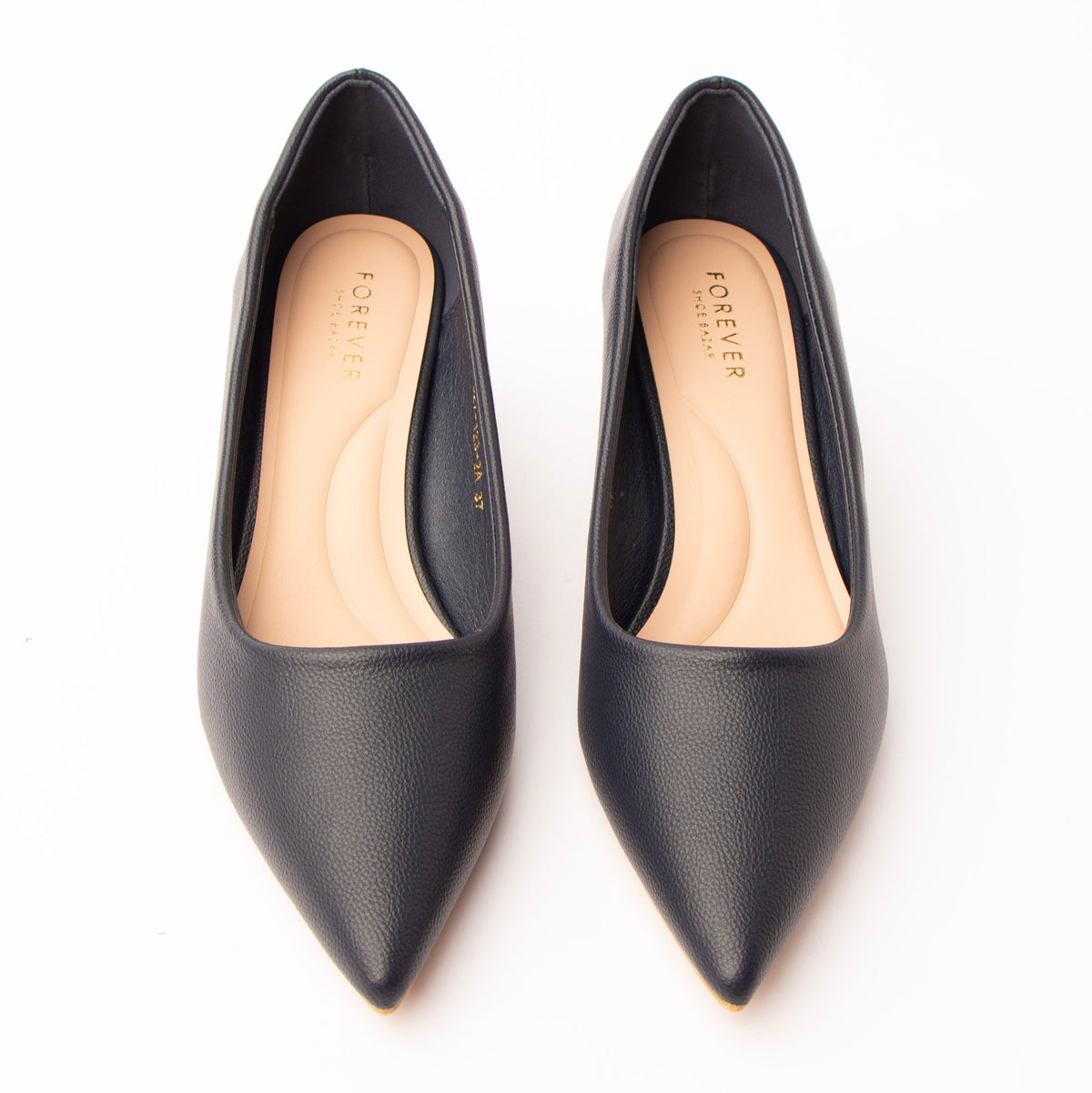 Navy blue pointed kitten heels styled for everyday wear