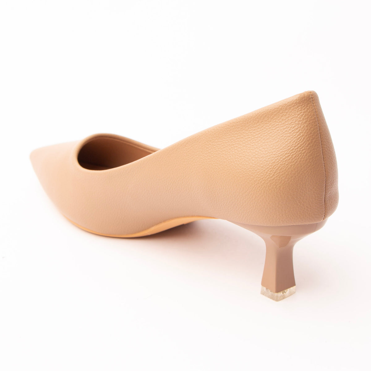 Khaki pointed kitten heels for women, back view showing the heel