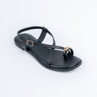 Black flat sandals for women with cushioned footbed, side view