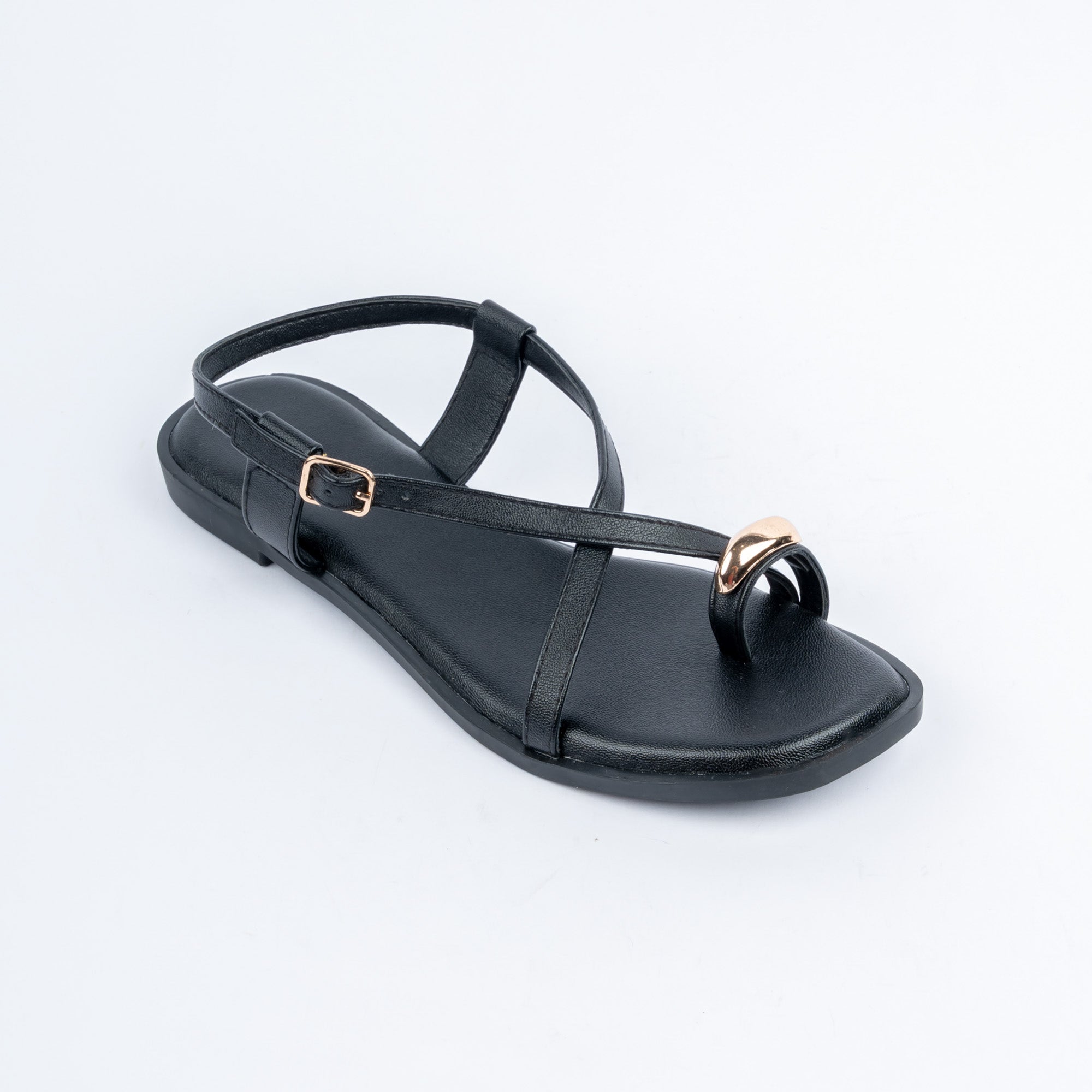 Black flat sandals for women with cushioned footbed, side view