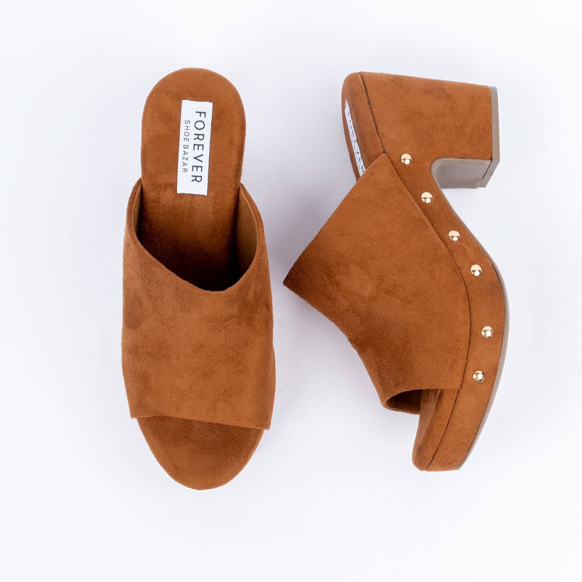 Tan platform heel mules for women, gold dome studs set around a chunky platform rand