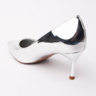 Silver pumps for women, back view showing the heel