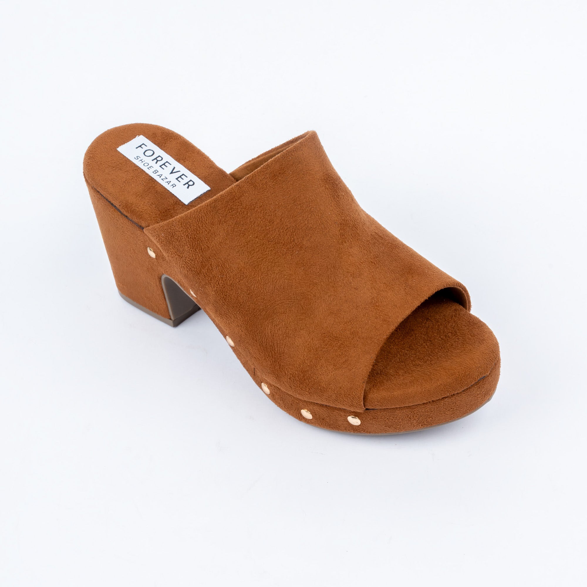 Tan platform heel mules styled for casual wear