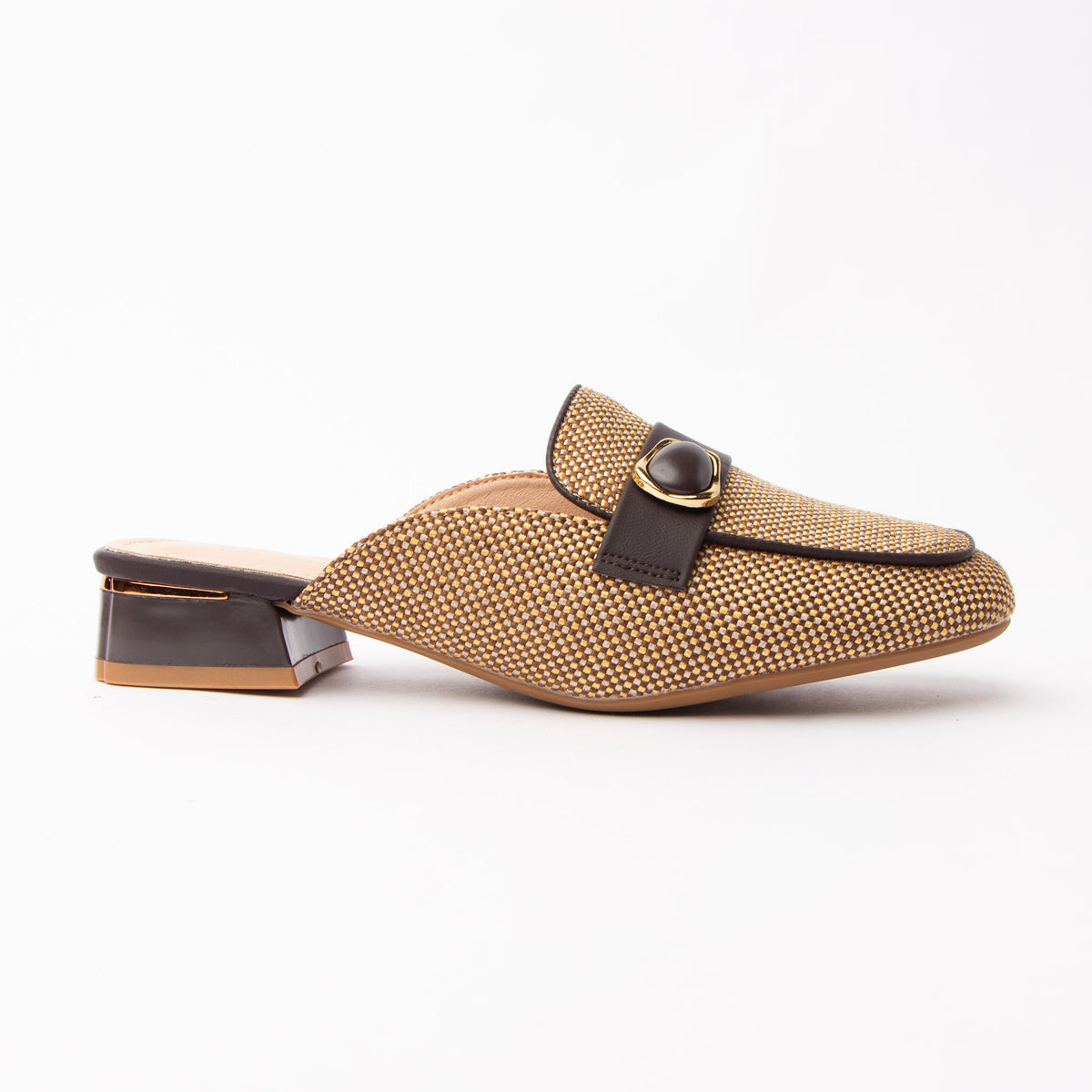Brown woven loafer mules for women, a tan basketweave loafer mule bound in chocolate-brown leather-look piping, with a gold oval ring buckle holding a domed brown stone across the vamp and a low brown block heel ringed in gold over a nude-tan footbed