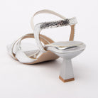 Silver kitten heel sandals for women with cushioned footbed, side view