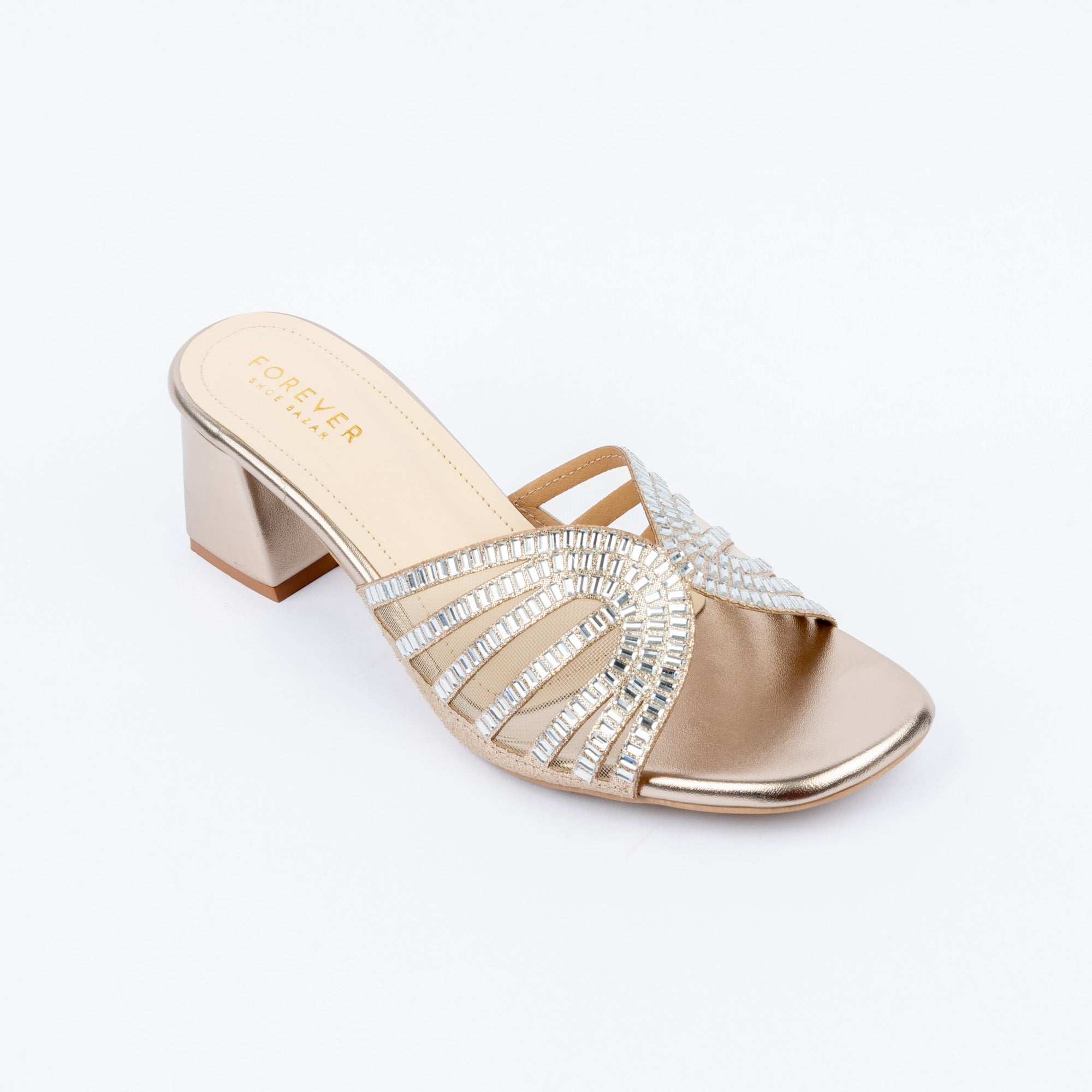 Gold block heel mules for women – Forever Shoe Bazar