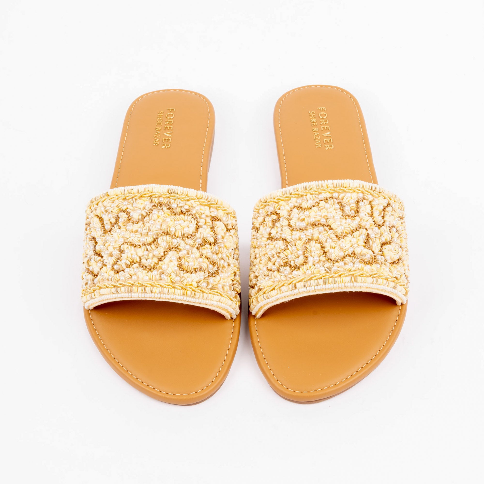 Gold flat slides styled for party wear