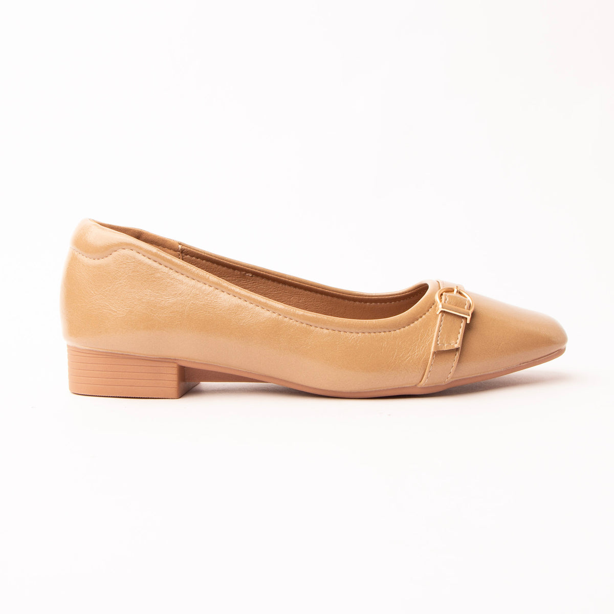 Khaki buckle ballerinas for women, a warm sand-nude ballerina in a soft satin-sheen finish, a narrow matching strap held by a small gold buckle, on a low stacked heel in pale natural tan over a light biscuit footbed