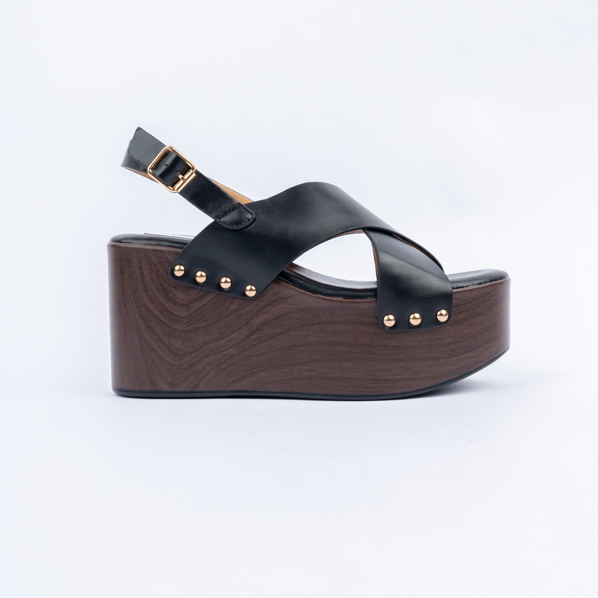 Black wedge heel sandals styled for casual wear