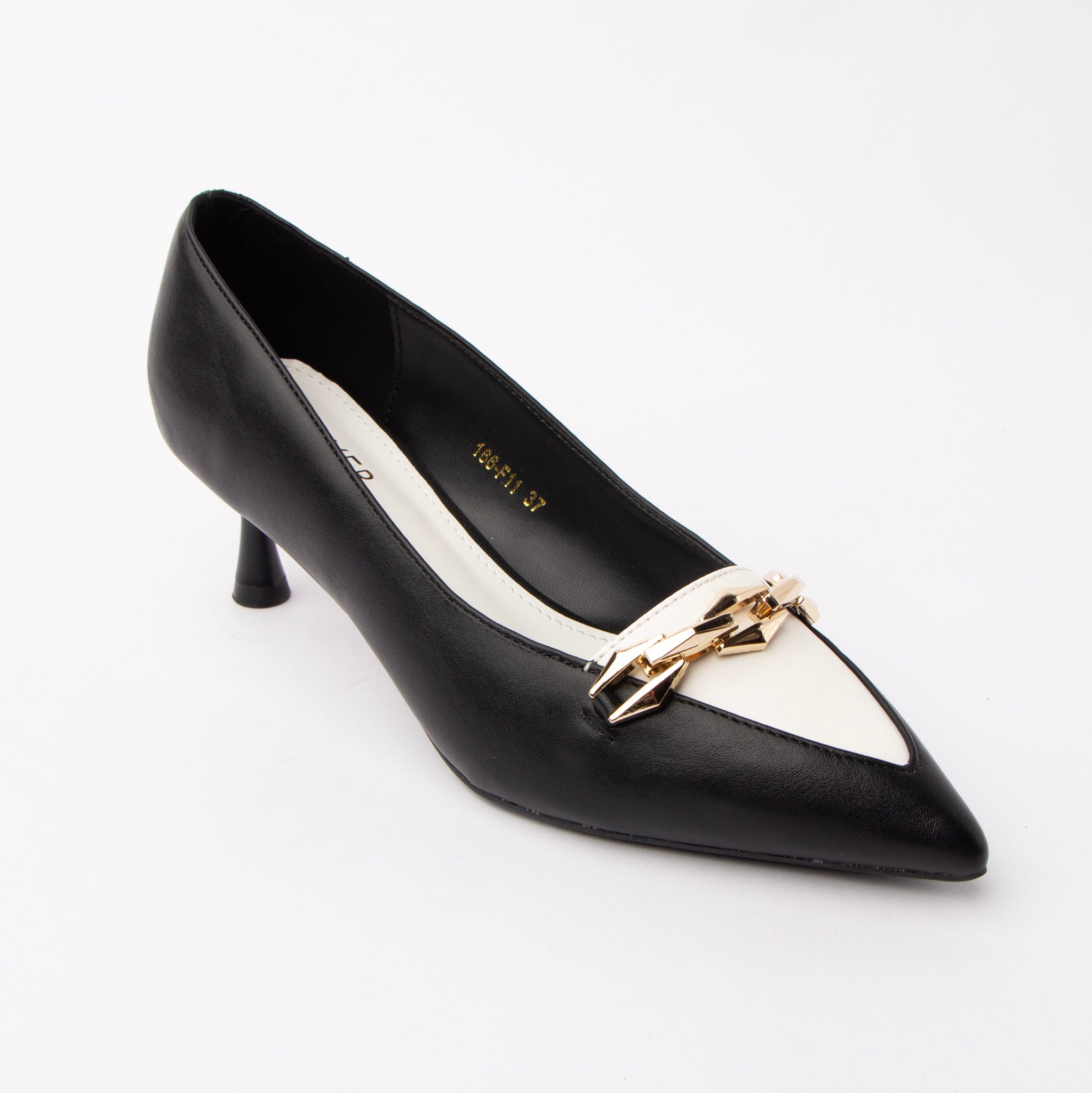 Black chain link pumps for women with cushioned footbed, side view