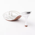 Silver mules for women, back view showing the heel