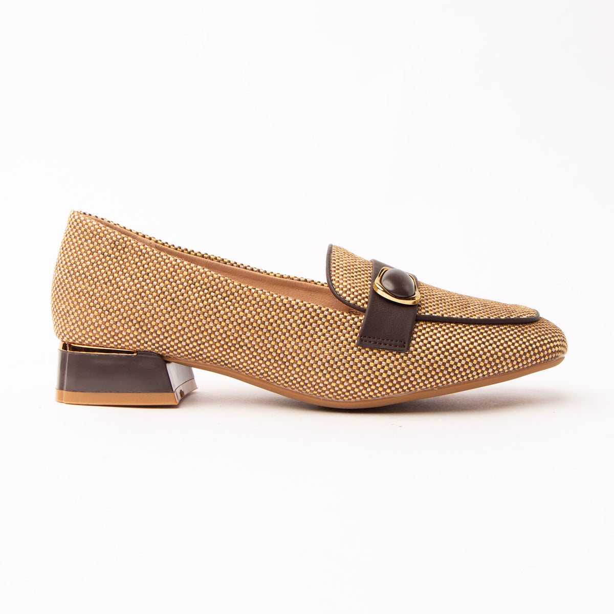 Brown woven loafers for women, a tight tan-and-cream basketweave upper crossed by a dark chocolate leather vamp strap that carries a glossy brown cabochon in an oval gold bezel, on a low brown block heel collared in gold over a nude-tan footbed