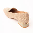 Green woven loafers for women, back view showing the heel
