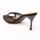 Black mules for women, back view showing the heel