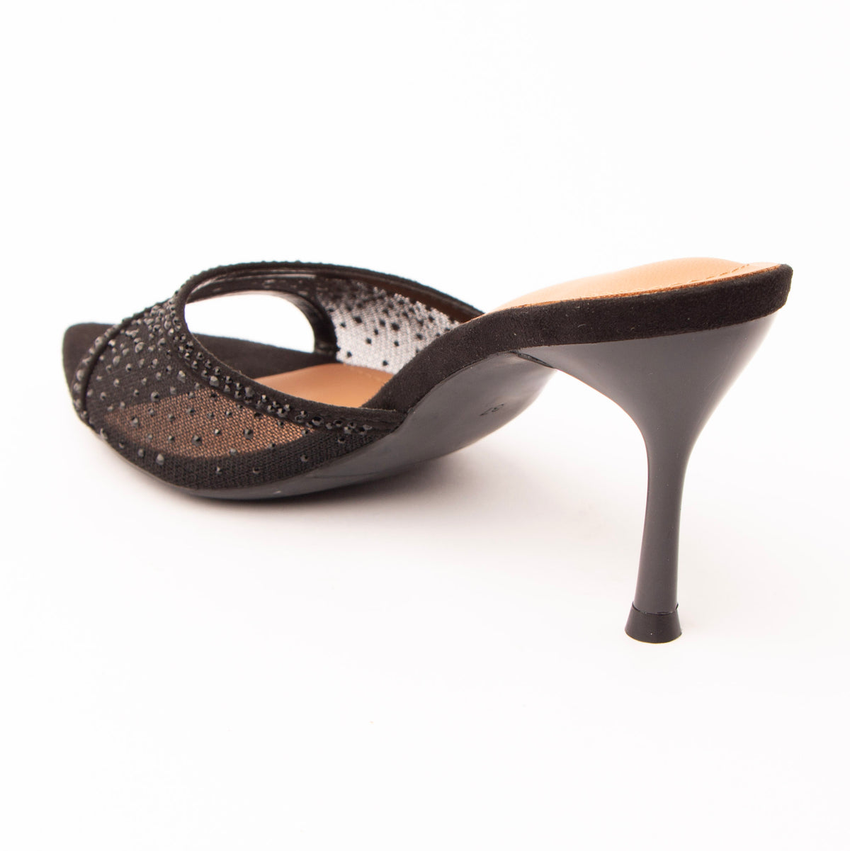 Black mules for women, back view showing the heel