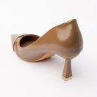 Khaki folded strap pumps for women, back view showing the heel