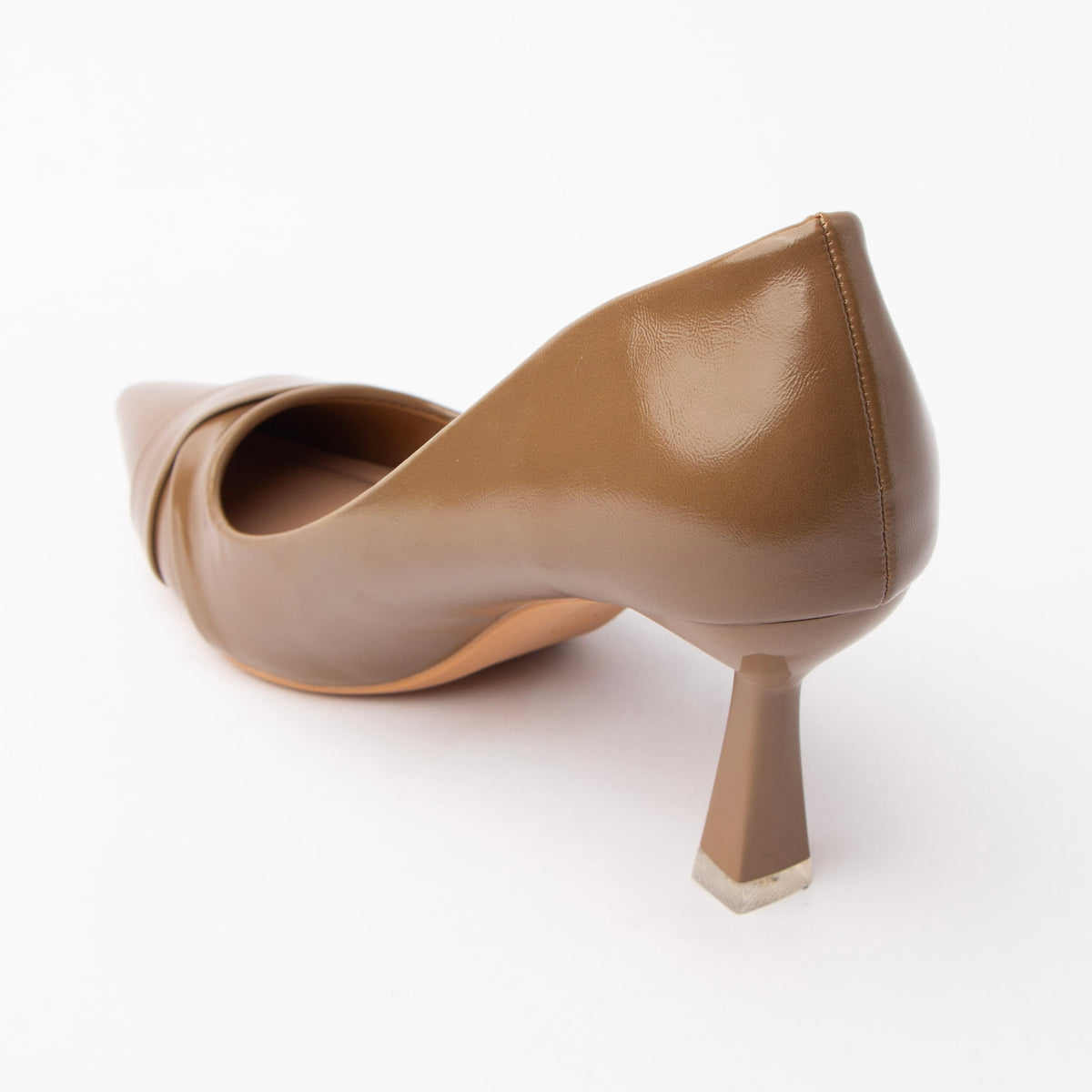 Khaki folded strap pumps for women, back view showing the heel