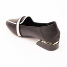 Black piped block heel loafers for women, back view showing the heel
