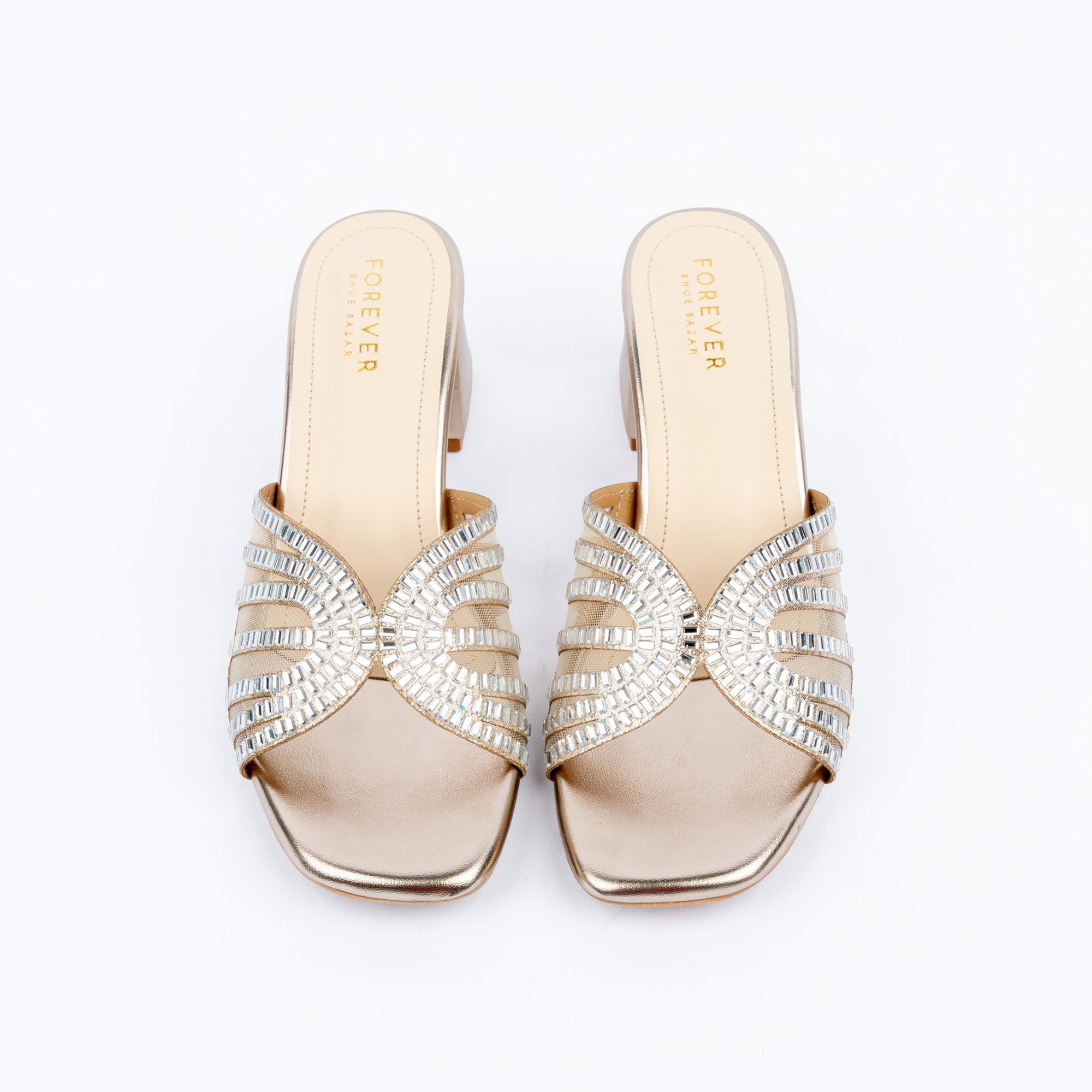 Gold block heel mules styled for party wear