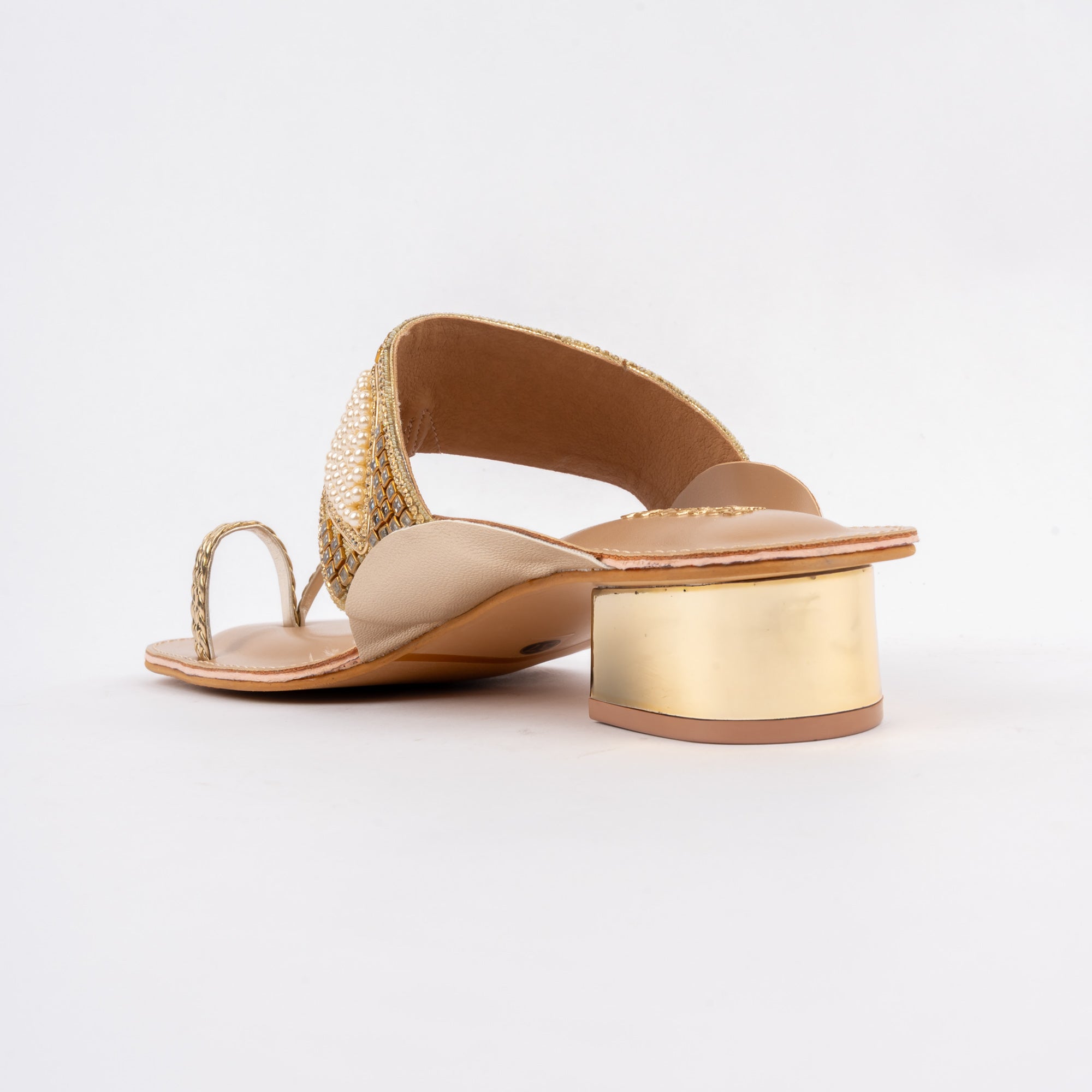 Gold block heel sandals for women with cushioned footbed, side view