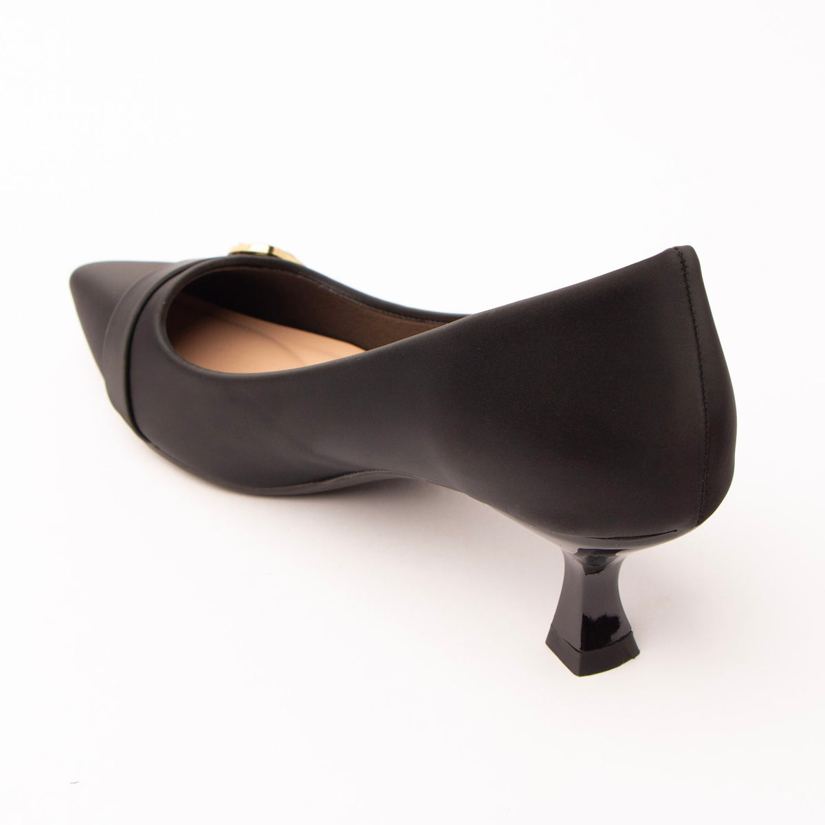 Black buckle kitten heels for women, back view showing the heel