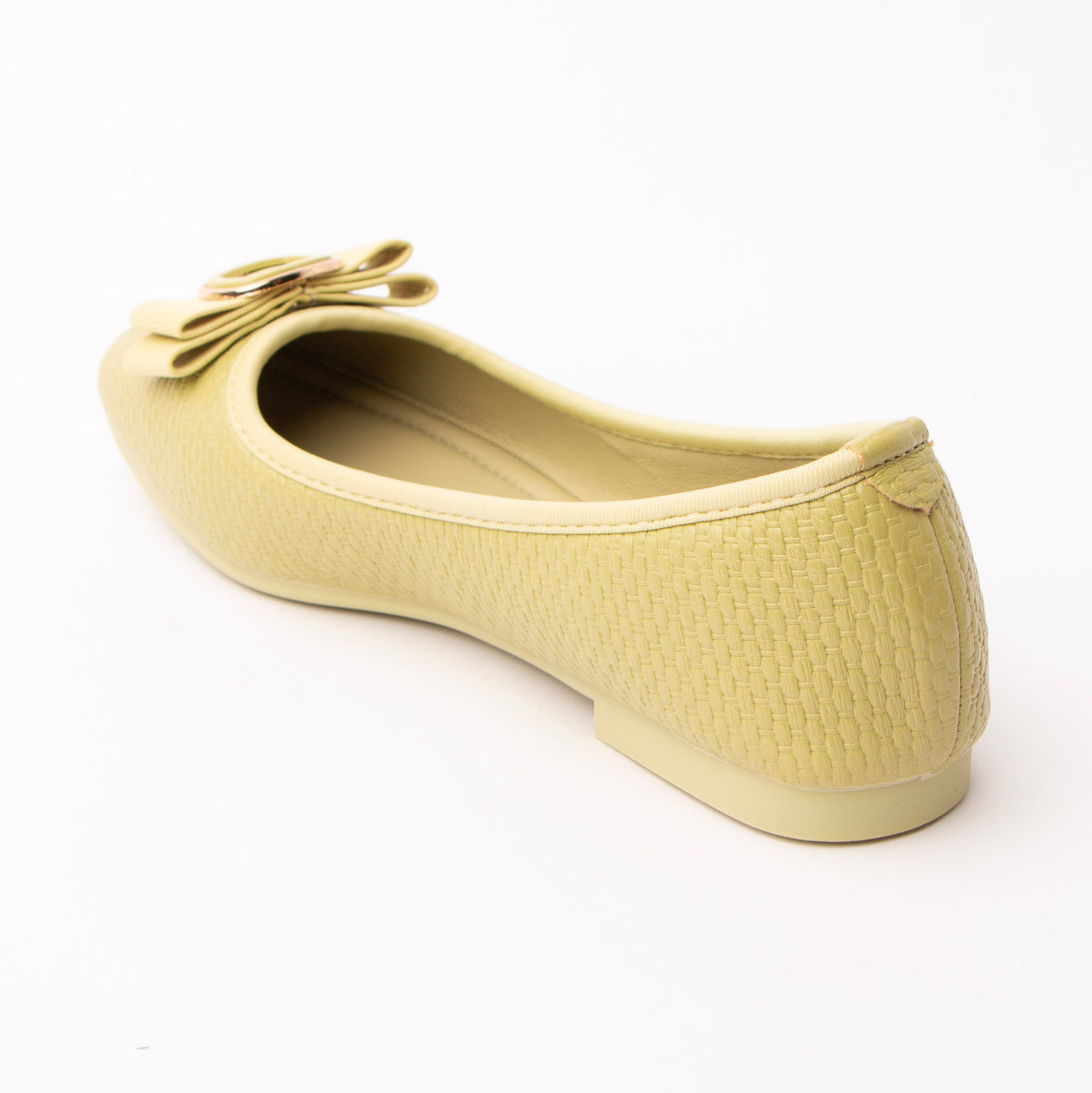 Green woven ballerina flats for women, back view showing the heel counter