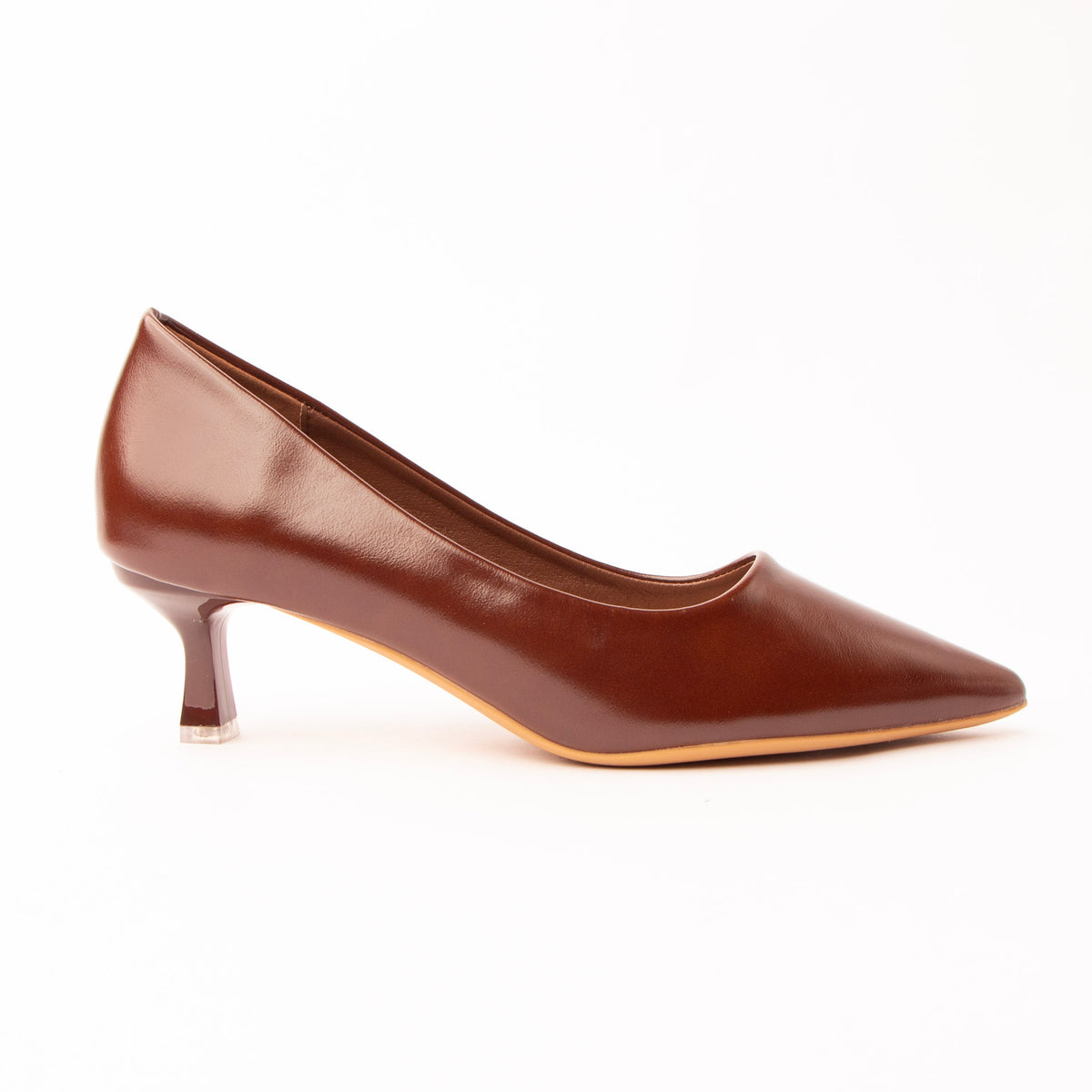 Brown pointed court shoes for women, a warm chestnut-brown pointed court with a faint burnished depth across the vamp, on a sculpted kitten heel capped in silver-tone metal over a natural tan sole edge