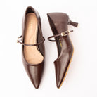 Brown mary jane kitten heels for women with a cushioned footbed