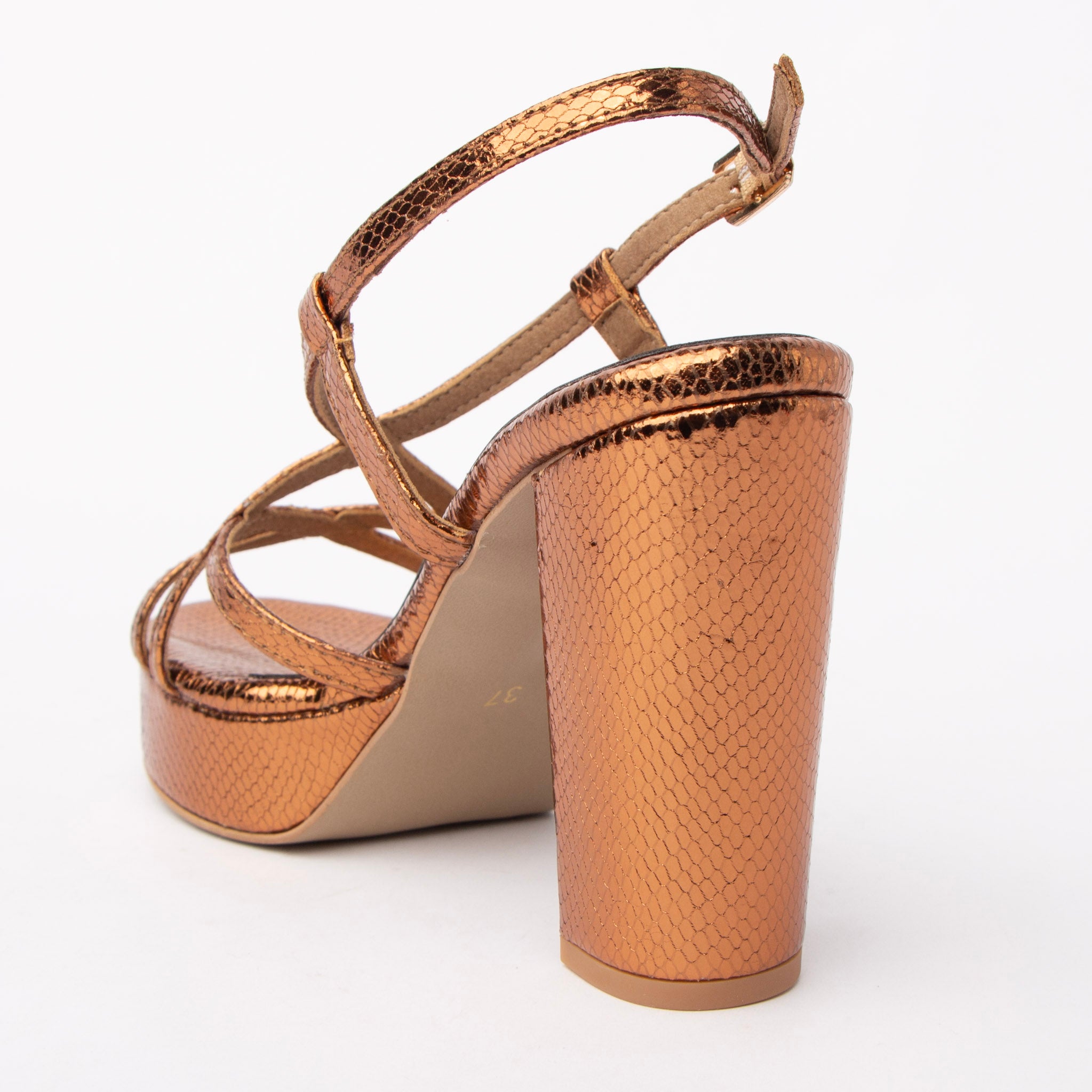 Copper block heel sandals for women with cushioned footbed, side view