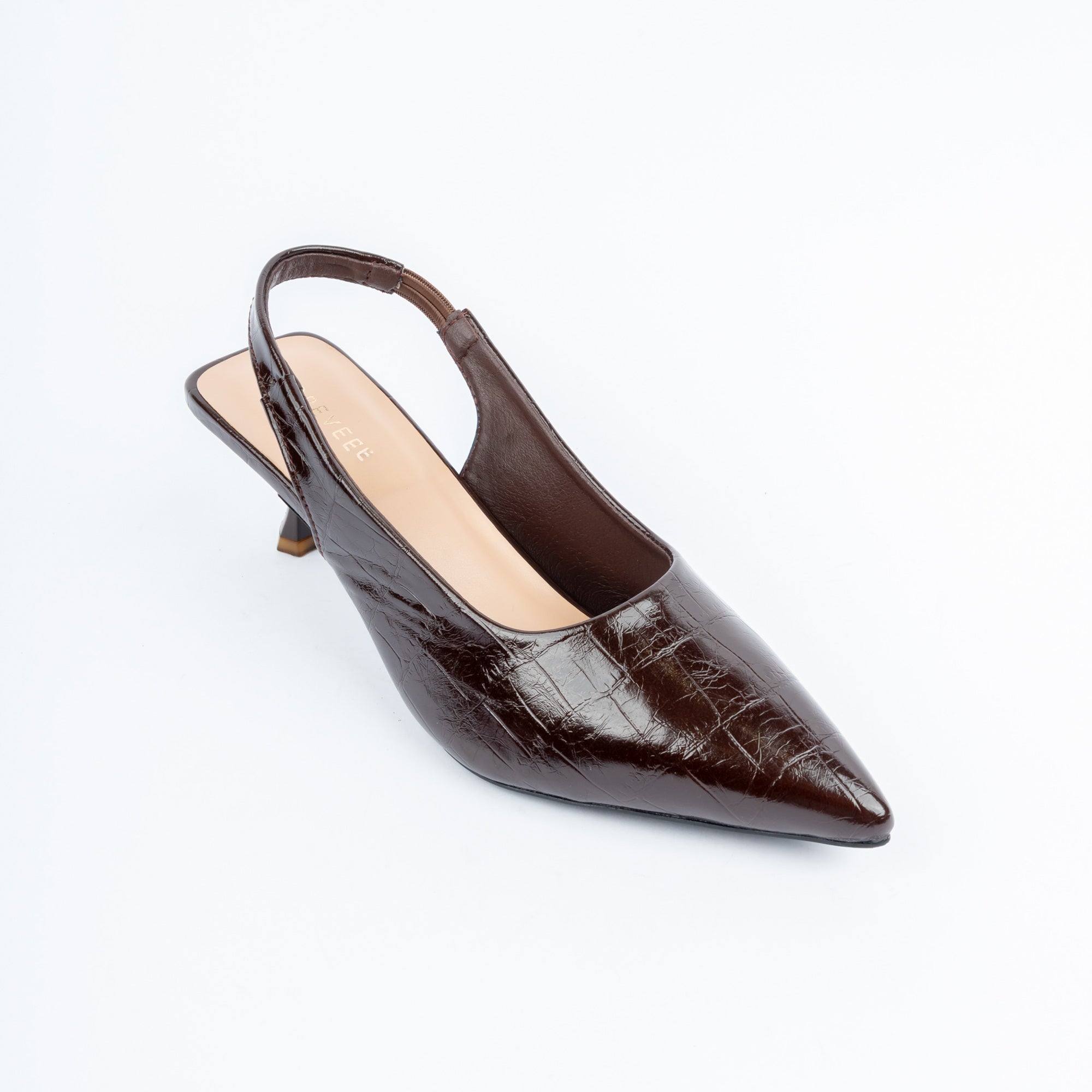 Coffee brown pumps for women with cushioned footbed, side view